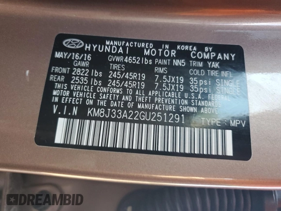 2016 Hyundai Tucson Sport with VIN KM8J33A22GU251291, listed as a Copart auction lot 52019285 with 120,218 mi miles and Salvage Title. Bid and sale history available at carsss.com. Image 12.