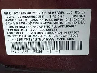 2007 Honda Pilot LX with VIN 5FNYF18107B016599, listed as a IAAI auction lot 42142933 with 186,442 mi miles and . Bid and sale history available at carsss.com. Image 9.