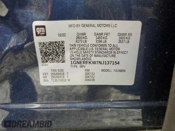 2022 Chevrolet Traverse LS with VIN 1GNERFKW7NJ137154, listed as a Copart auction lot 53949025 with 60,404 mi miles and Salvage title. Bid and sale history available at DreamBid. Image 13.