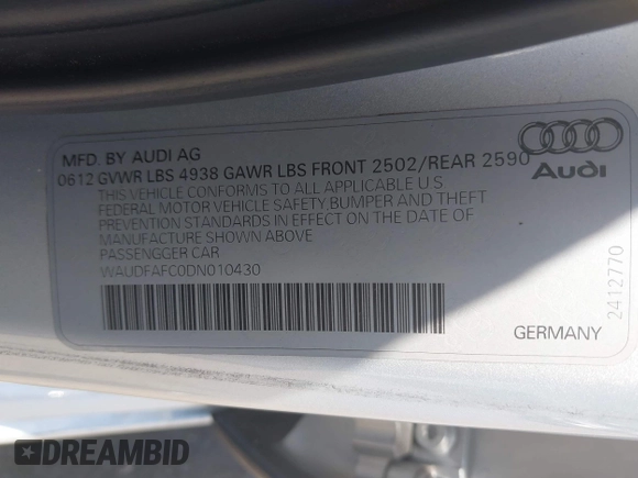 2013 Audi A6 Premium Plus with VIN WAUDFAFC0DN010430, listed as a IAAI auction lot 42603497 with 101,980 mi miles and . Bid and sale history available at DreamBid. Image 9.