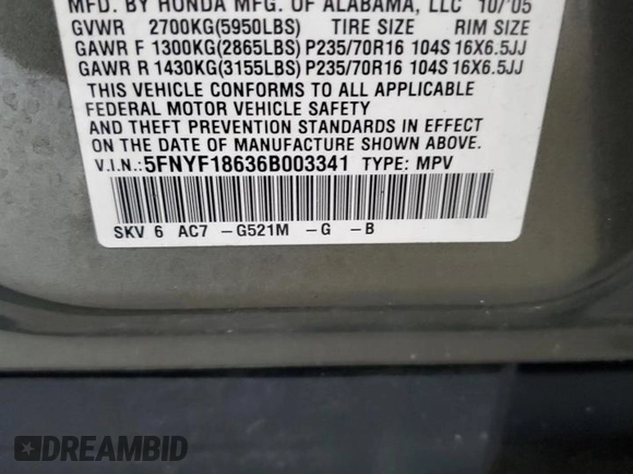 2006 Honda Pilot EX-L with VIN 5FNYF18636B003341, listed as a Copart auction lot 55510075 with 208,816 mi miles and Clean Title. Bid and sale history available at DreamBid. Image 13.