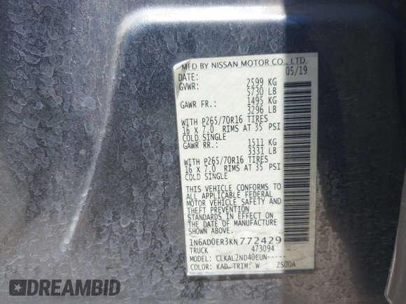 2019 Nissan Frontier SV z VIN 1N6AD0ER3KN772429, wystawiony jako IAAI lot #42228610 z przebiegiem 75 346 mil mil oraz . Historia ofert i sprzedaży dostępna na DreamBid. Obrazek 9.