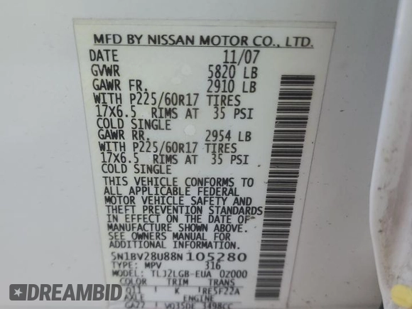 2008 Nissan Quest with VIN 5N1BV28U88N105280, listed as a Copart auction lot 75277664 with 168,724 mi miles and Salvage Title. Bid and sale history available at carsss.com. Image 16.