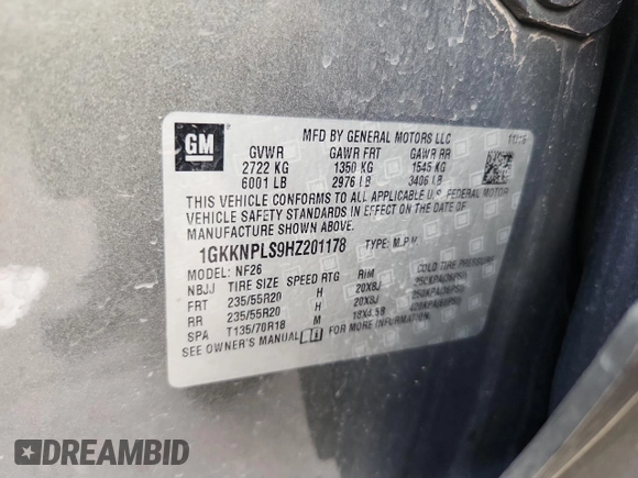 2017 GMC Acadia Denali with VIN 1GKKNPLS9HZ201178, listed as a Copart auction lot 58357065 with 137,804 mi miles and Salvage title. Bid and sale history available at DreamBid. Image 14.