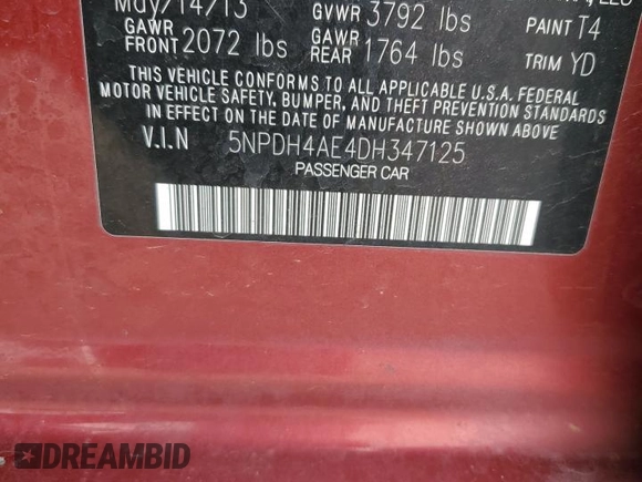2013 Hyundai Elantra Limited with VIN 5NPDH4AE4DH347125, listed as a Copart auction lot 54441795 with 172,746 mi miles and Salvage Title. Bid and sale history available at DreamBid. Image 12.
