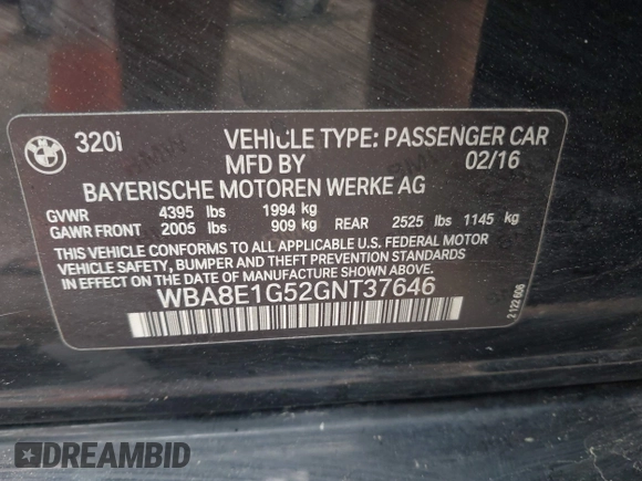 2016 BMW 3 Series 320i with VIN WBA8E1G52GNT37646, listed as a IAAI auction lot 41739297 with 79,186 mi miles and . Bid and sale history available at carsss.com. Image 9.