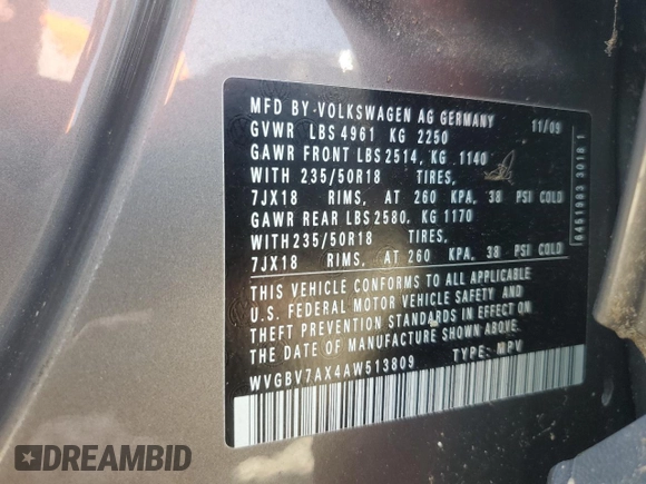 2010 Volkswagen Tiguan SEL with VIN WVGBV7AX4AW513809, listed as a Copart auction lot 50951415 with 109,001 mi miles and Clean Title. Bid and sale history available at DreamBid. Image 13.