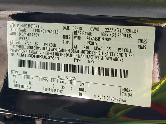 2019 Lincoln MKC Reserve with VIN 5LMTJ3DH6KUL07611, listed as a IAAI auction lot 42207705 with Not Provided miles and . Bid and sale history available at DreamBid. Image 9.