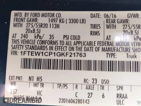 2016 Ford F-150 XL with VIN 1FTEW1CP1GKF21763, listed as a IAAI auction lot 41213506 with 139,501 mi miles and . Bid and sale history available at DreamBid. Image 9.