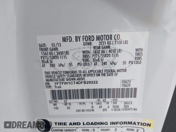 2013 Ford F-150 XL with VIN 1FTFW1CT4DFB29222, listed as a IAAI auction lot 42044339 with 221,141 mi miles and . Bid and sale history available at DreamBid. Image 9.
