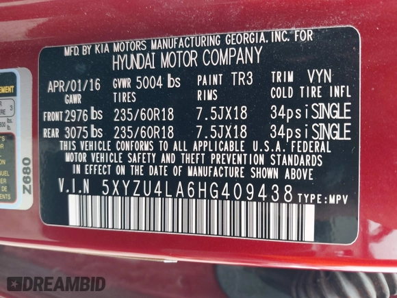 2017 Hyundai Santa Fe Sport 2.0T with VIN 5XYZU4LA6HG409438, listed as a IAAI auction lot 41680534 with 84,035 mi miles. Bid and sale history available at carsss.com. Image 9.