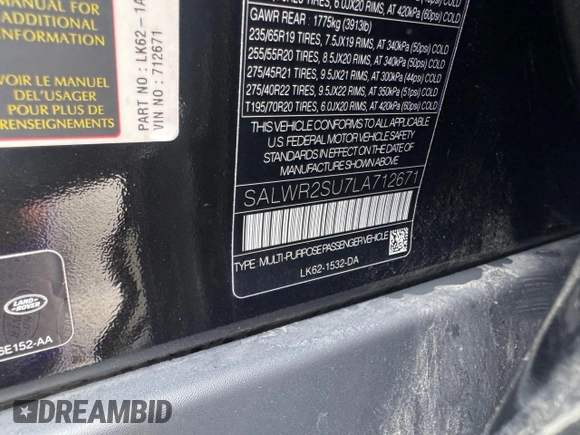 2020 Land Rover Range Rover Sport HSE with VIN SALWR2SU7LA712671, listed as a Copart auction lot 65335855 with 99,410 mi miles and Clean title. Bid and sale history available at DreamBid. Image 10.