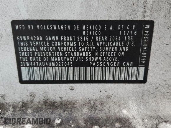 2017 Volkswagen GTI S z VIN 3VW447AU4HM027045, wystawiony jako Copart lot #51092615 z przebiegiem 193 139 mil mil oraz Szkoda całkowita • Salvage title. Historia ofert i sprzedaży dostępna na DreamBid. Obrazek 12.