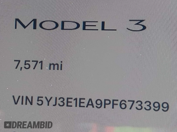 2023 Tesla Model 3 with VIN 5YJ3E1EA9PF673399, listed as a IAAI auction lot 42392643 with 7,571 mi miles and . Bid and sale history available at DreamBid. Image 7.