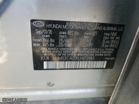 2020 Hyundai Santa Fe SE with VIN 5NMS2CADXLH272985, listed as a Copart auction lot 86184044 with 95,549 mi miles and Salvage Title. Bid and sale history available at carsss.com. Image 15.