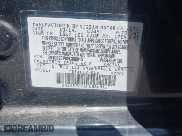 2015 Nissan Note SV z VIN 3N1CE2CP8FL386913, wystawiony jako IAAI lot #42531472 z przebiegiem 112 866 mil mil oraz . Historia ofert i sprzedaży dostępna na DreamBid. Obrazek 9.
