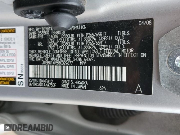 2008 Toyota 4Runner SR5 z VIN JTEBU14R58K029677, wystawiony jako Copart lot #48015485 z przebiegiem 251 517 mil mil oraz Czysty tytuł • Clean title. Historia ofert i sprzedaży dostępna na DreamBid. Obrazek 13.