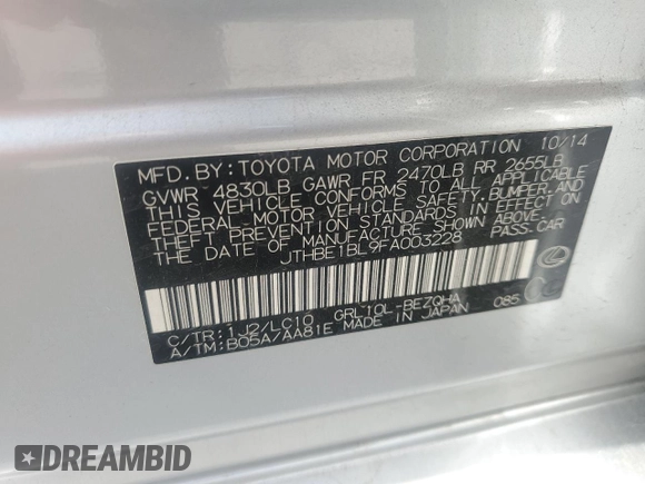 2015 Lexus GS 350 with VIN JTHBE1BL9FA003228, listed as a Copart auction lot 60042255 with 156,850 mi miles and Salvage title. Bid and sale history available at DreamBid. Image 12.