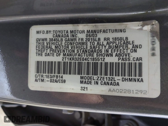 2004 Toyota Matrix Std z VIN 2T1KR32E04C185512, wystawiony jako IAAI lot #41765924 z przebiegiem 195 276 mil mil oraz . Historia ofert i sprzedaży dostępna na DreamBid. Obrazek 3.