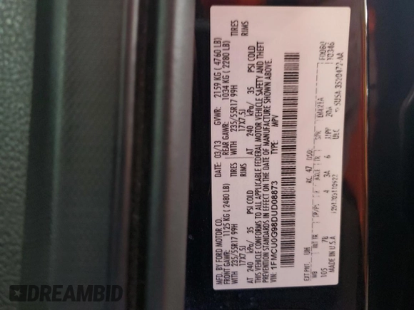 2013 Ford Escape SE with VIN 1FMCU0G98DUD08873, listed as a Copart auction lot 56416035 with 143,937 mi miles and Salvage title. Bid and sale history available at DreamBid. Image 13.