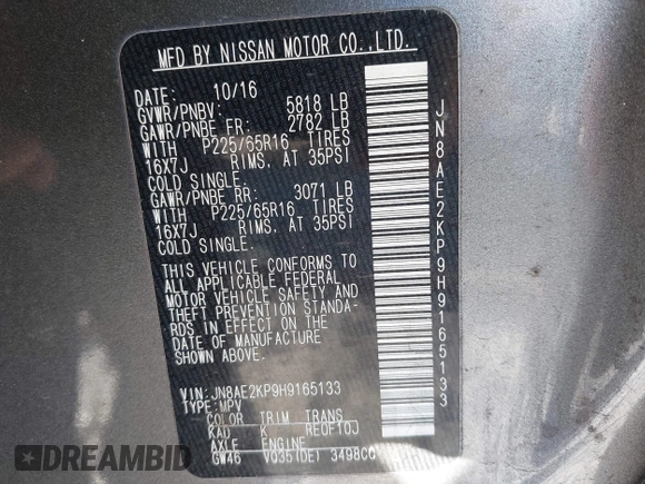 2017 Nissan Quest SV with VIN JN8AE2KP9H9165133, listed as a IAAI auction lot 41789379 with 131,063 mi miles. Bid and sale history available at carsss.com. Image 9.