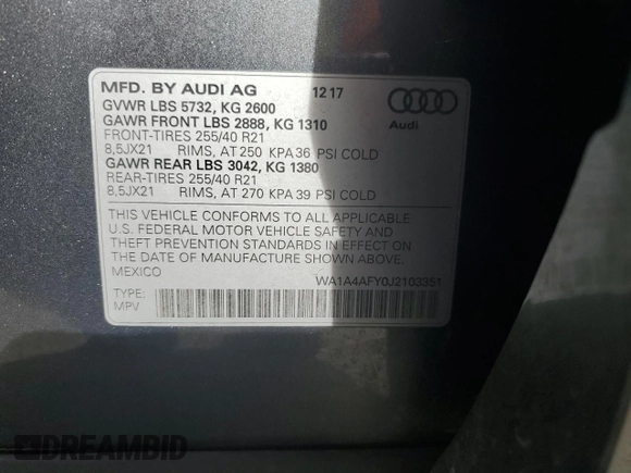 2018 Audi SQ5 Premium Plus with VIN WA1A4AFY0J2103351, listed as a Copart auction lot 78550614 with 58,657 mi miles and Salvage Title. Bid and sale history available at DreamBid. Image 12.