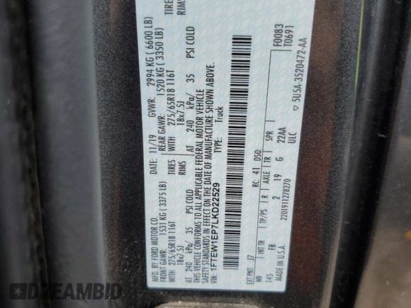 2020 Ford F-150 XL with VIN 1FTEW1EP7LKD22529, listed as a Copart auction lot 56946115 with 89,677 mi miles and Salvage title. Bid and sale history available at DreamBid. Image 13.