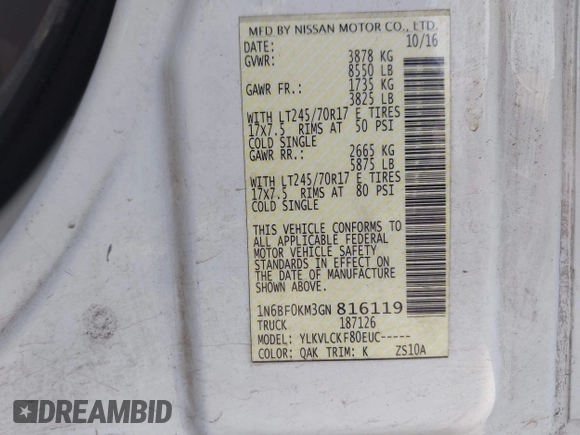 2016 Nissan NV SV z VIN 1N6BF0KM3GN816119, wystawiony jako IAAI lot #42559724 z przebiegiem 77 439 mil mil oraz . Historia ofert i sprzedaży dostępna na DreamBid. Obrazek 9.