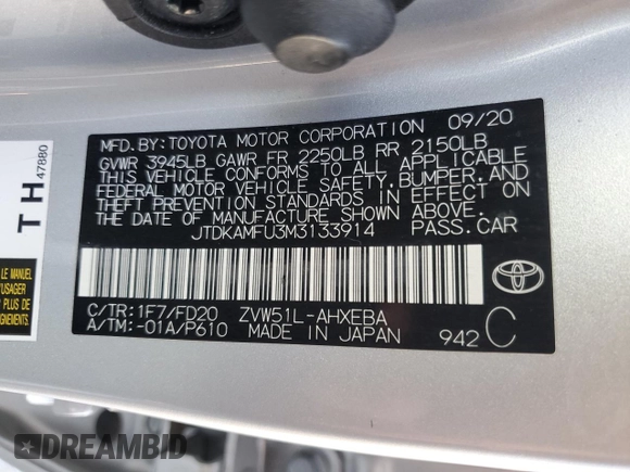 2021 Toyota Prius L Eco with VIN JTDKAMFU3M3133914, listed as a Copart auction lot 59897825 with 46,872 mi miles and Salvage title. Bid and sale history available at DreamBid. Image 12.