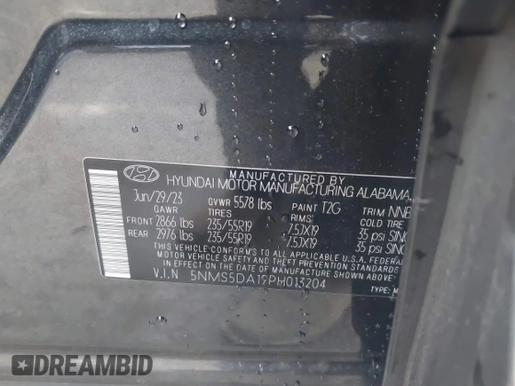 2023 Hyundai Santa Fe Limited with VIN 5NMS5DA19PH013204, listed as a IAAI auction lot 41909727 with 17,206 mi miles and . Bid and sale history available at DreamBid. Image 9.