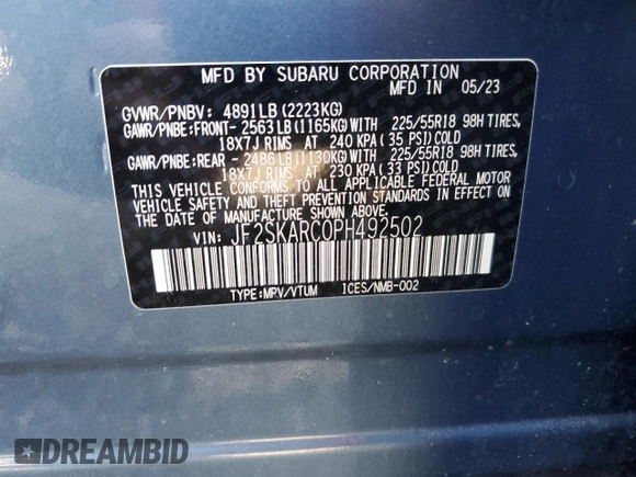 2023 Subaru Forester Touring with VIN JF2SKARC0PH492502, listed as a Copart auction lot 50028205 with 18,364 mi miles and Salvage Title. Bid and sale history available at carsss.com. Image 16.