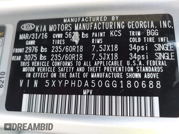 2016 Kia Sorento EX with VIN 5XYPHDA50GG180688, listed as a IAAI auction lot 41745044 with 107,952 mi miles. Bid and sale history available at carsss.com. Image 9.