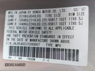 2007 Honda CR-V EX с VIN JHLRE48557C068807, выставлен на аукционе IAAI как лот 42294902 с пробегом 207 562 миль миль и . История ставок и продаж доступна на DreamBid. Изображение 9.
