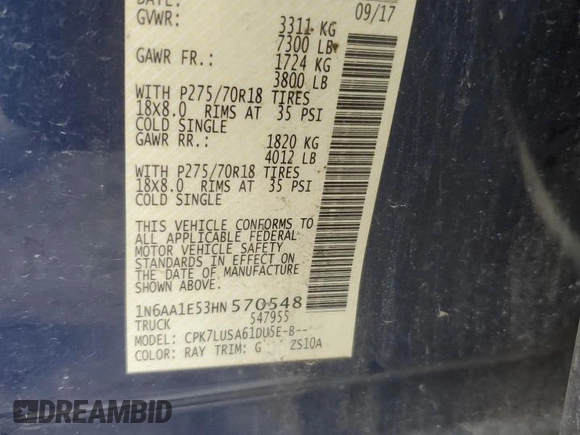 2017 Nissan Titan Pro-4X with VIN 1N6AA1E53HN570548, listed as a Copart auction lot 71663224 with 128,024 mi miles and Salvage title. Bid and sale history available at DreamBid. Image 15.