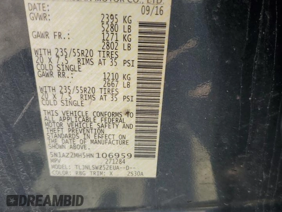 2017 Nissan Murano SL with VIN 5N1AZ2MH5HN106959, listed as a Copart auction lot 54907795 with 171,134 mi miles and Clean Title. Bid and sale history available at DreamBid. Image 13.
