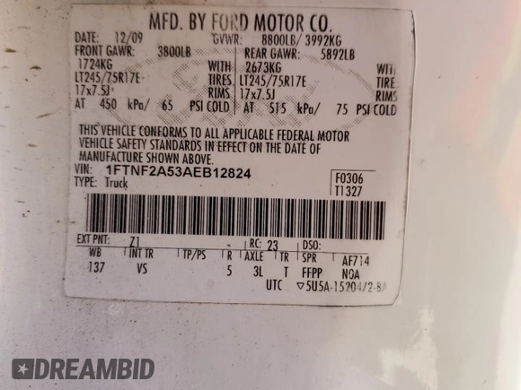 2010 Ford F-250 with VIN 1FTNF2A53AEB12824, listed as a Copart auction lot 81933704 with 210,425 mi miles and Salvage title. Bid and sale history available at DreamBid. Image 12.