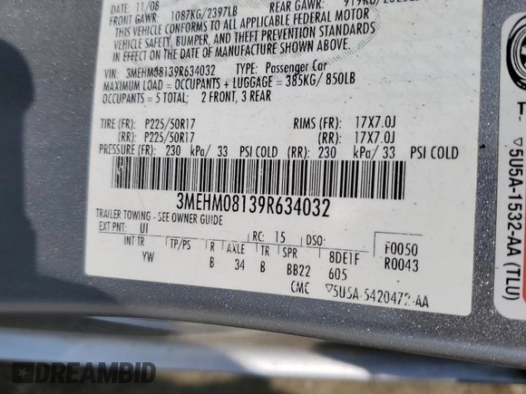 2009 Mercury Milan Premier with VIN 3MEHM08139R634032, listed as a Copart auction lot 62465905 with Not provided miles and Salvage title. Bid and sale history available at DreamBid. Image 12.