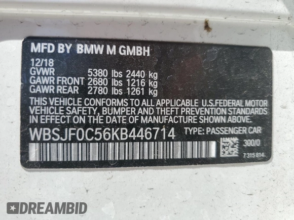 2019 BMW M5 z VIN WBSJF0C56KB446714, wystawiony jako Copart lot #52604265 z przebiegiem 63 401 mil mil oraz Szkoda całkowita • Salvage title. Historia ofert i sprzedaży dostępna na DreamBid. Obrazek 12.