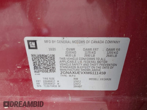2021 Chevrolet Equinox LT with VIN 2GNAXUEVXM6111459, listed as a IAAI auction lot 42517157 with 65,579 mi miles and . Bid and sale history available at DreamBid. Image 9.