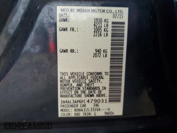 2015 Nissan Altima SV z VIN 1N4AL3AP6FC479031, wystawiony jako Copart lot #56424455 z przebiegiem Nie podano mil oraz Szkoda całkowita • Salvage title. Historia ofert i sprzedaży dostępna na DreamBid. Obrazek 12.