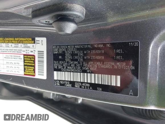 2021 Toyota Highlander L with VIN 5TDZZRAH3MS040663, listed as a IAAI auction lot 41945677 with 64,069 mi miles and . Bid and sale history available at DreamBid. Image 9.