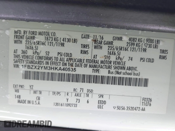 2017 Ford Transit XL with VIN 1FBZX2YM3HKA40535, listed as a IAAI auction lot 41364177 with 80,568 mi miles and . Bid and sale history available at DreamBid. Image 9.