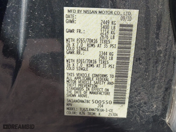 2011 Nissan Xterra Pro-4X with VIN 5N1AN0NW2BC500550, listed as a IAAI auction lot 41896827 with 1 mi miles. Bid and sale history available at carsss.com. Image 9.