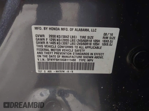 2016 Honda Pilot LX with VIN 5FNYF6H1XGB111488, listed as a IAAI auction lot 41581706 with 100,028 mi miles. Bid and sale history available at carsss.com. Image 9.