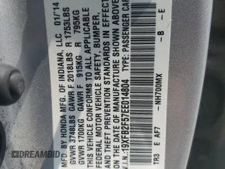 2014 Honda Civic LX z VIN 19XFB2F57EE014804, wystawiony jako Copart lot #59690565 z przebiegiem 208 650 mil mil oraz Szkoda całkowita • Salvage title. Historia ofert i sprzedaży dostępna na DreamBid. Obrazek 12.
