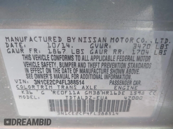 2015 Nissan Note SV with VIN 3N1CE2CP4FL388514, listed as a IAAI auction lot 42051819 with 89,249 mi miles and . Bid and sale history available at DreamBid. Image 9.