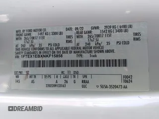 2022 Ford F-150 XL z VIN 1FTEX1EBXNKF15858, wystawiony jako IAAI lot #41478000 z przebiegiem 14 447 mil mil oraz . Historia ofert i sprzedaży dostępna na DreamBid. Obrazek 9.