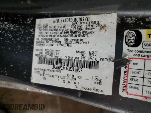 2012 Ford Fusion SEL with VIN 3FAHP0JA1CR315809, listed as a Copart auction lot 46447445 with Not Provided miles and Salvage Title. Bid and sale history available at carsss.com. Image 12.