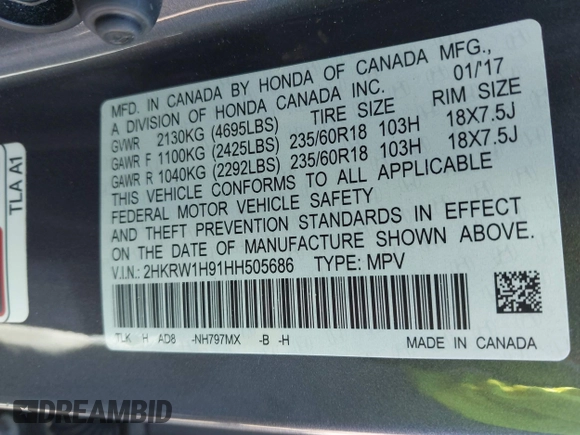 2017 Honda CR-V Touring with VIN 2HKRW1H91HH505686, listed as a IAAI auction lot 41805226 with 120,760 mi miles. Bid and sale history available at carsss.com. Image 9.