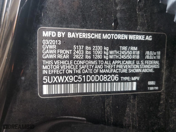 2013 BMW X3 xDrive28i with VIN 5UXWX9C51D0D08206, listed as a Copart auction lot 47460955 with 189,724 mi miles and Clean Title. Bid and sale history available at carsss.com. Image 12.